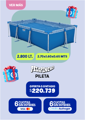2.800 LT. 2.70x1.60x0.65 MTS Pelopincho Pileta OFERTA CONTADO $220.739 6 CUOTAS SIN INTERÉS VISA 6 CUOTAS SIN INTERÉS Crédito Authogar